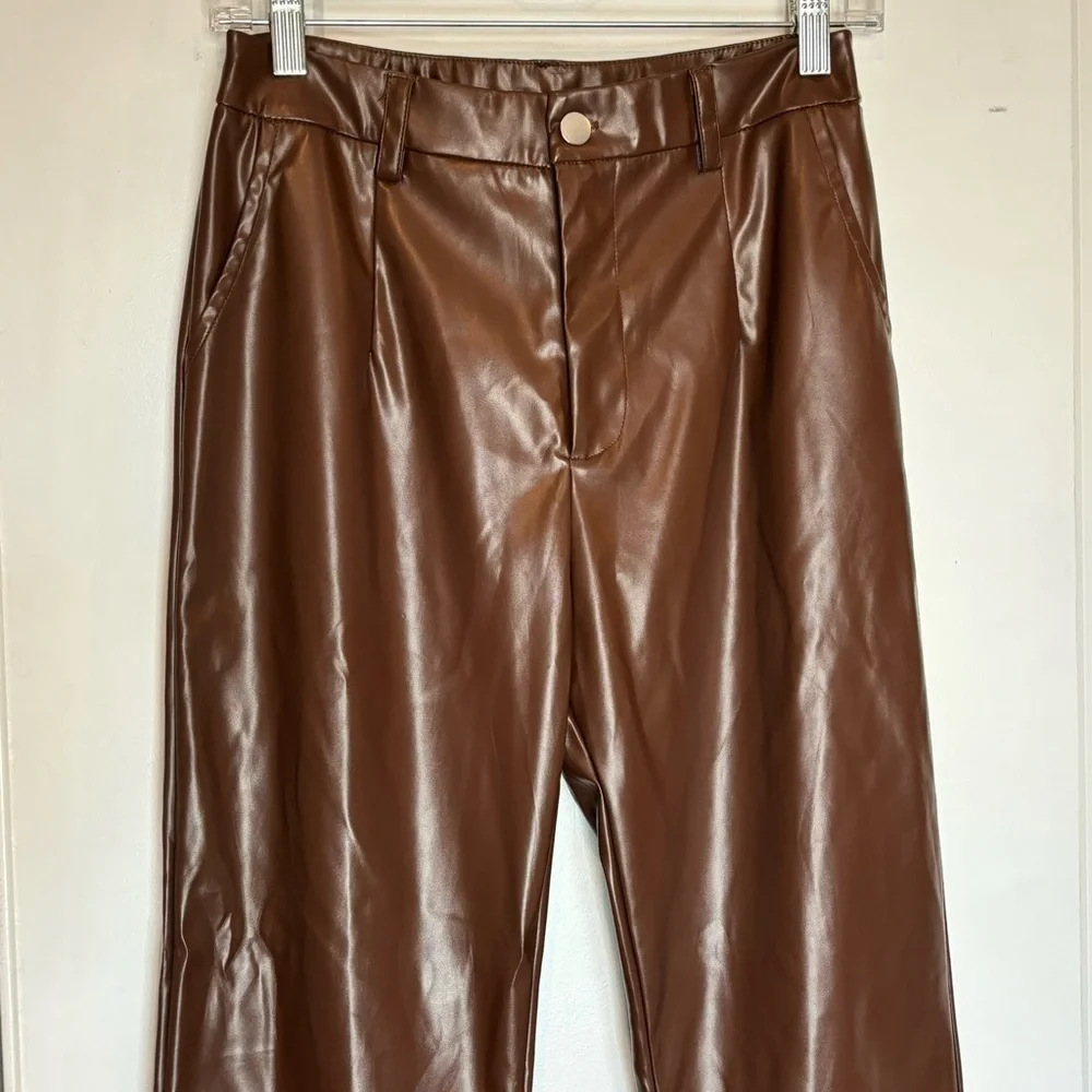 NWT Princess Polly Lillie Faux Leather High Waist Straight Leg Pants Brown Tan 6 - Picture 2 of 9